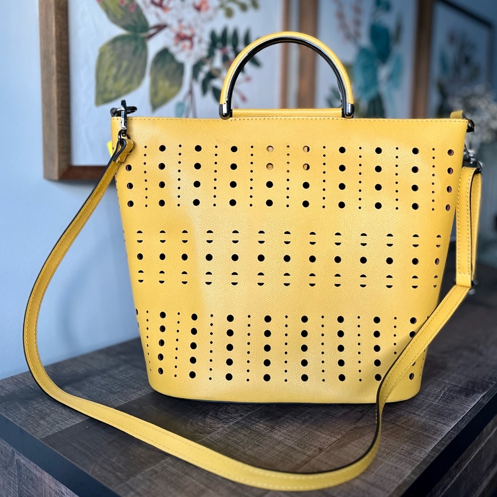 Persaman New York Perforated Yellow Leather Tote with Top Handle & Strap